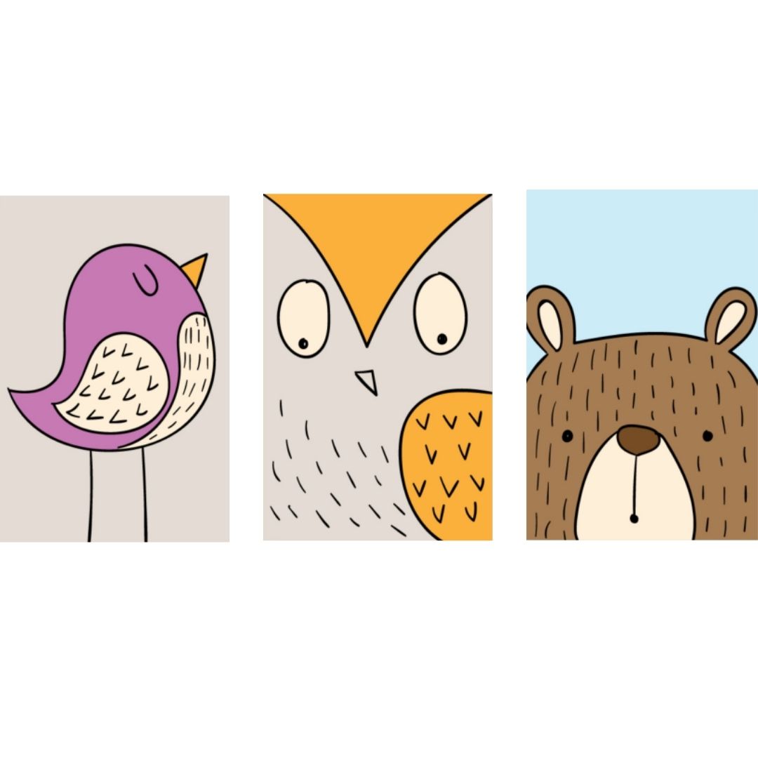 "Woodland Friends Wall Art – Bird, Owl & Bear Nursery Prints (Set of 3)"
