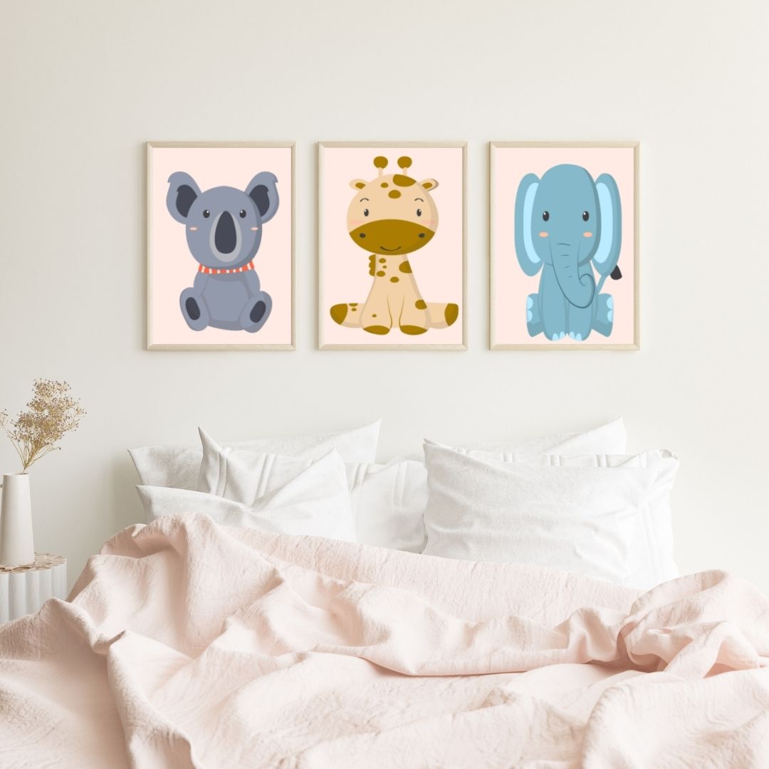 "Safari Baby Animal Prints – Koala, Giraffe & Elephant Nursery Wall Art (Set of 3)"