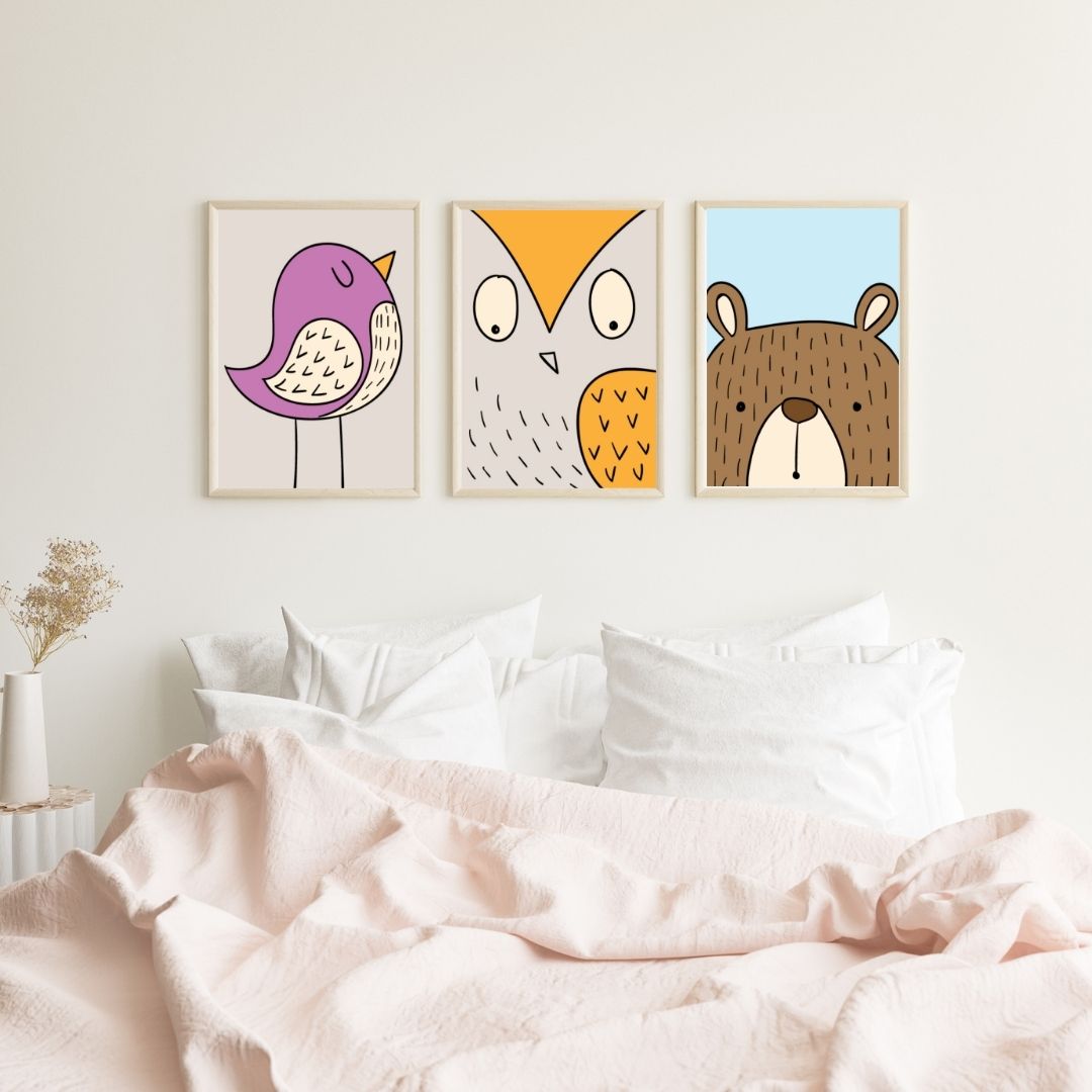"Woodland Friends Wall Art – Bird, Owl & Bear Nursery Prints (Set of 3)"