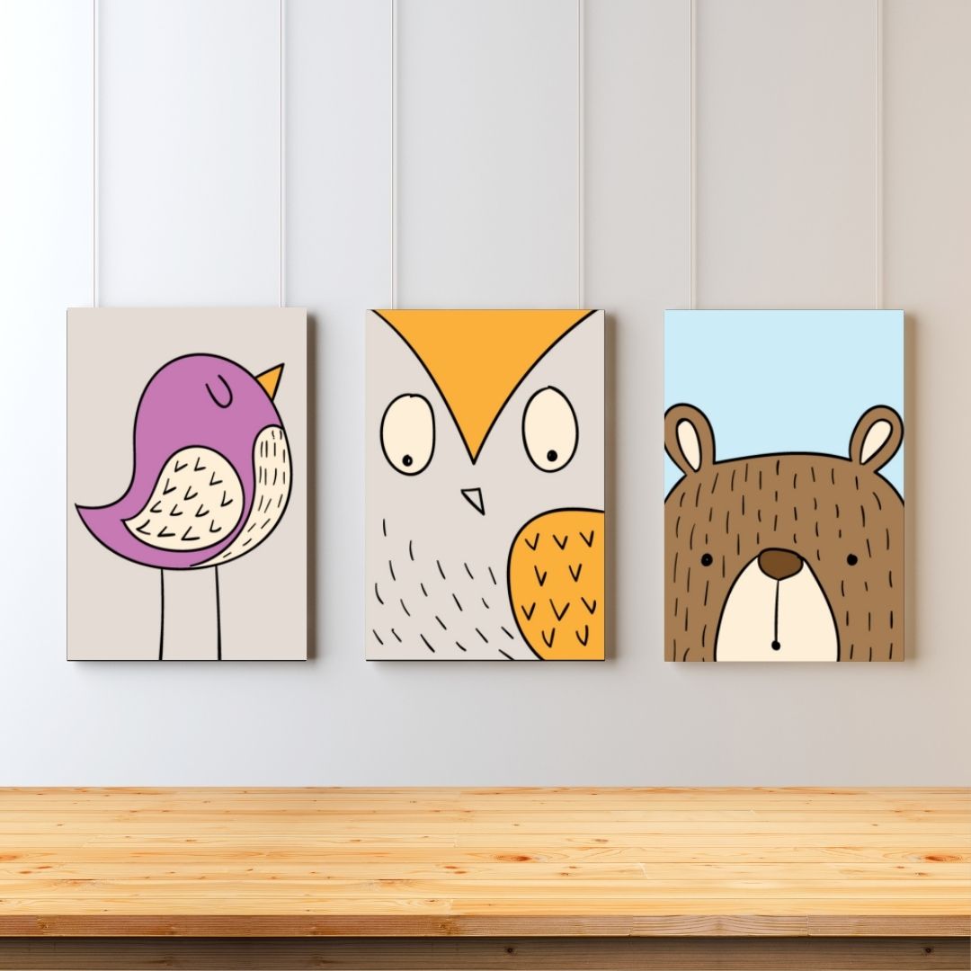 "Woodland Friends Wall Art – Bird, Owl & Bear Nursery Prints (Set of 3)"