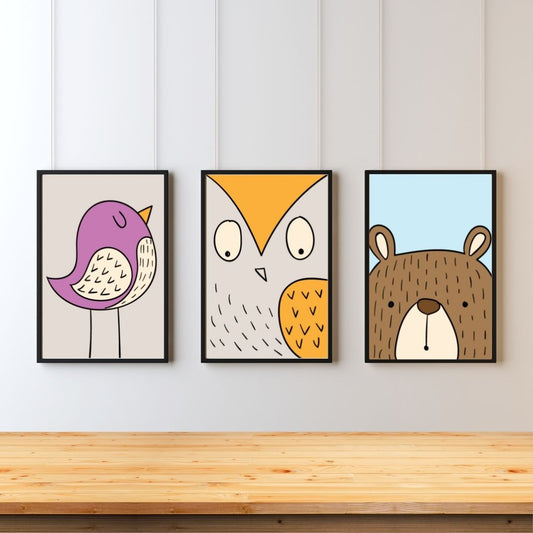 "Woodland Friends Wall Art – Bird, Owl & Bear Nursery Prints (Set of 3)"