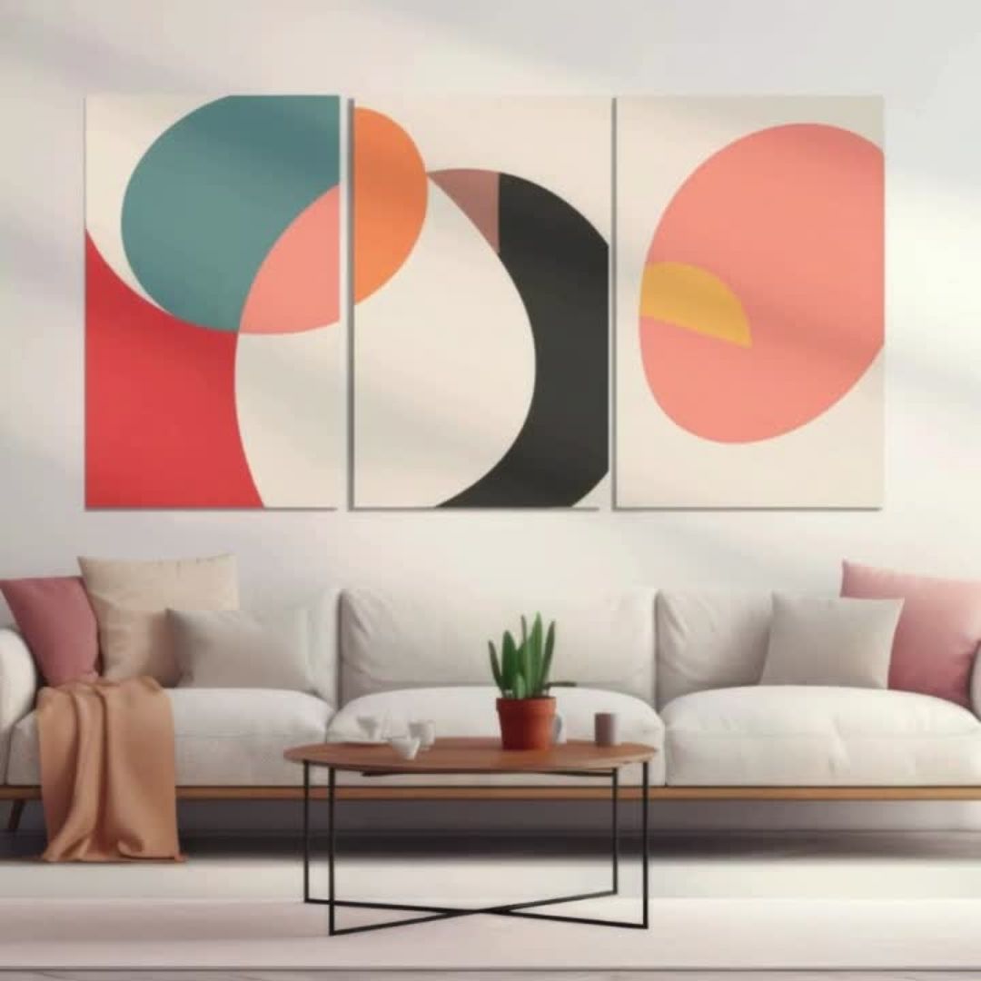 "Harmonic Orbits" – a title that reflects the dynamic balance and rhythm of the overlapping geometric shapes and bold color contrasts in this abstract triptych.