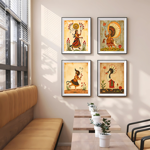 "Folk Art Wall Decor ??Traditional Indian Mythical Figures & Animals (Set of 4 Prints)"