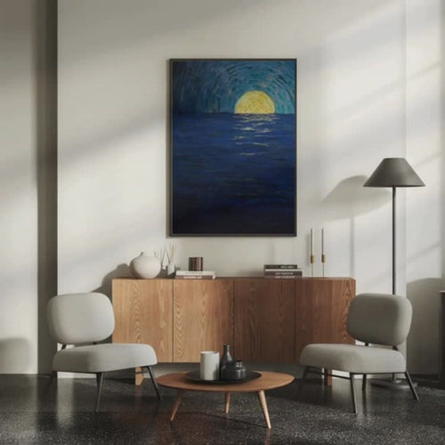 "Midnight Rising" – capturing the serene yet powerful emergence of light over deep, textured waters, suggesting either a moonrise or a symbolic dawn.