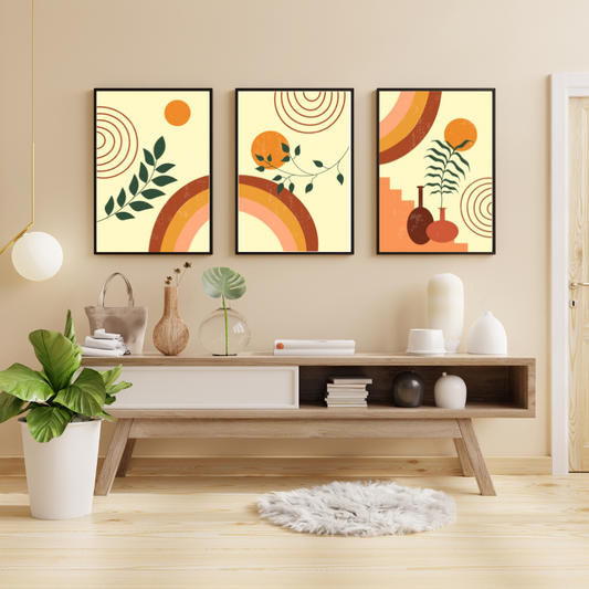 Boho Sunset Wall Art Set – Retro Geometric & Botanical Prints (Set of 3)