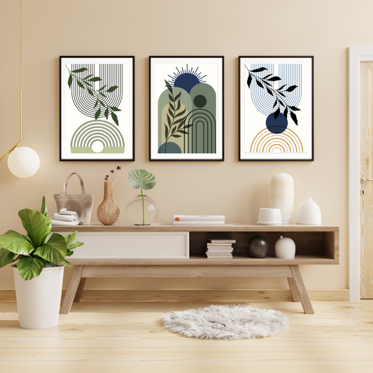 Boho Botanical Geometric Wall Art Prints – Set of 3 Modern Minimalist Nature Framed Posters