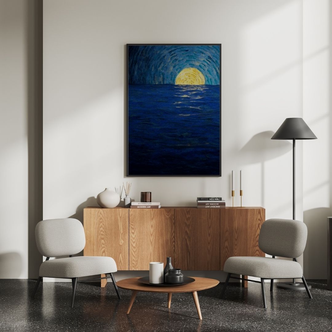 "Midnight Rising" – capturing the serene yet powerful emergence of light over deep, textured waters, suggesting either a moonrise or a symbolic dawn.