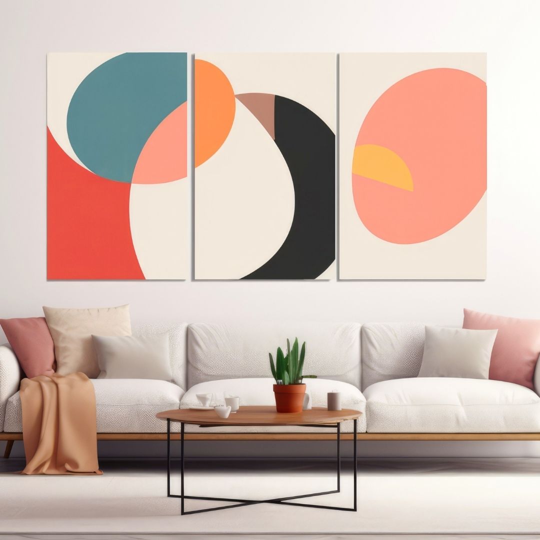 "Harmonic Orbits" – a title that reflects the dynamic balance and rhythm of the overlapping geometric shapes and bold color contrasts in this abstract triptych.