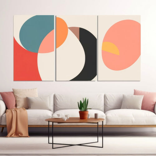 "Harmonic Orbits" – a title that reflects the dynamic balance and rhythm of the overlapping geometric shapes and bold color contrasts in this abstract triptych.