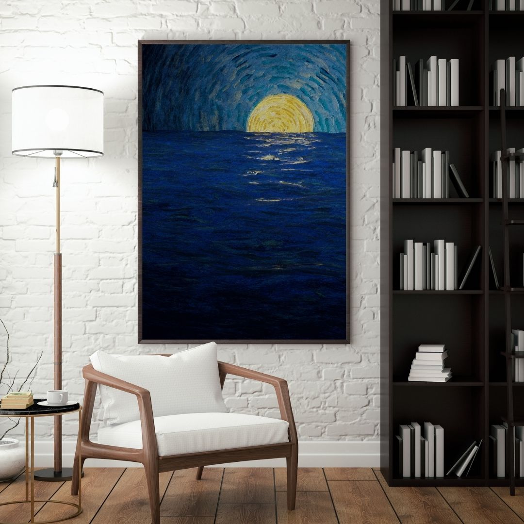 "Midnight Rising" – capturing the serene yet powerful emergence of light over deep, textured waters, suggesting either a moonrise or a symbolic dawn.