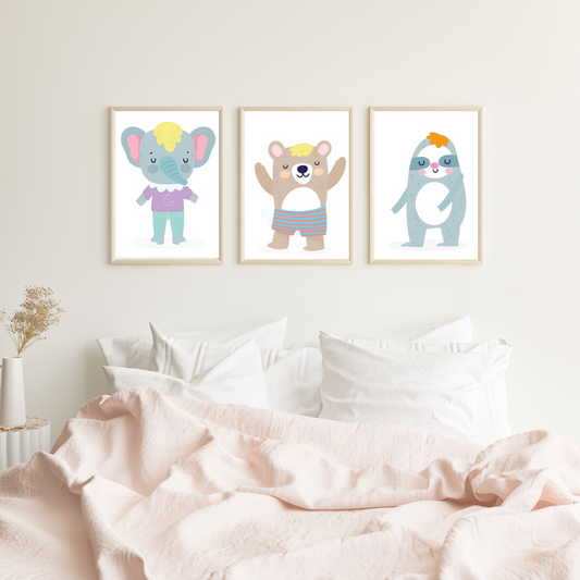 "Playful Jungle Friends – Cute Animal Nursery Wall Art Set"