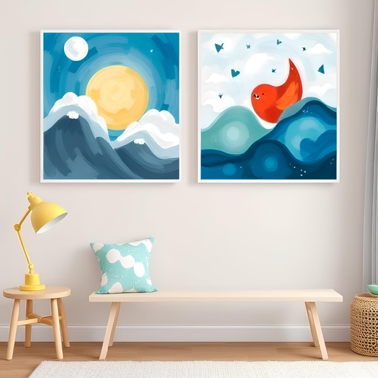 "Whimsical Skies – Sun & Firebird Fantasy Art Duo"