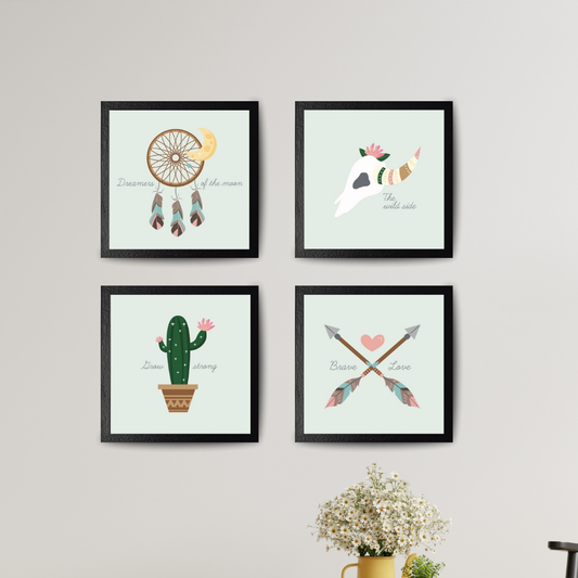 "Boho Spirit Wall Art Set – Dreamcatcher, Cactus, Arrows & Skull Prints"